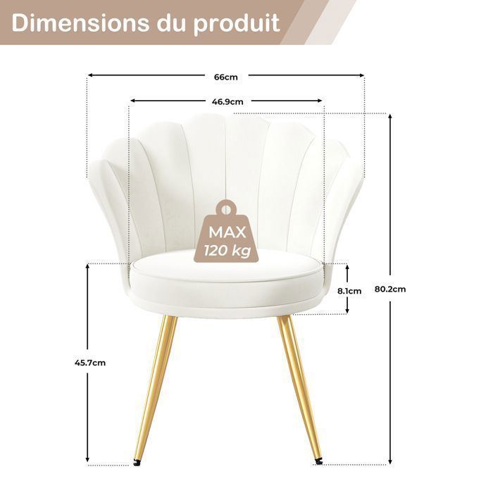 HAWTHYHOME Samt-Loungesessel, moderner Design-Sessel, gepolsterter Ankleidesessel, goldfarbene Metallbeine, Weiß