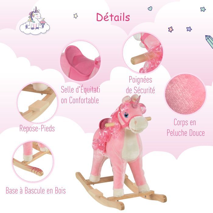 Cheval à Bascule HOMCOM modèle Licorne avec Sons Authentiques Selle Grand Confort Bois de peuplier Rose dim. L74 x l33 x 62H cm