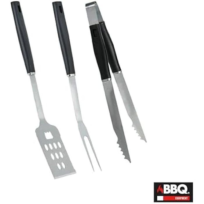 Utensílios para churrasco - Conjunto de 3 peças - Aço inoxidável - Plástico resistente - Preto