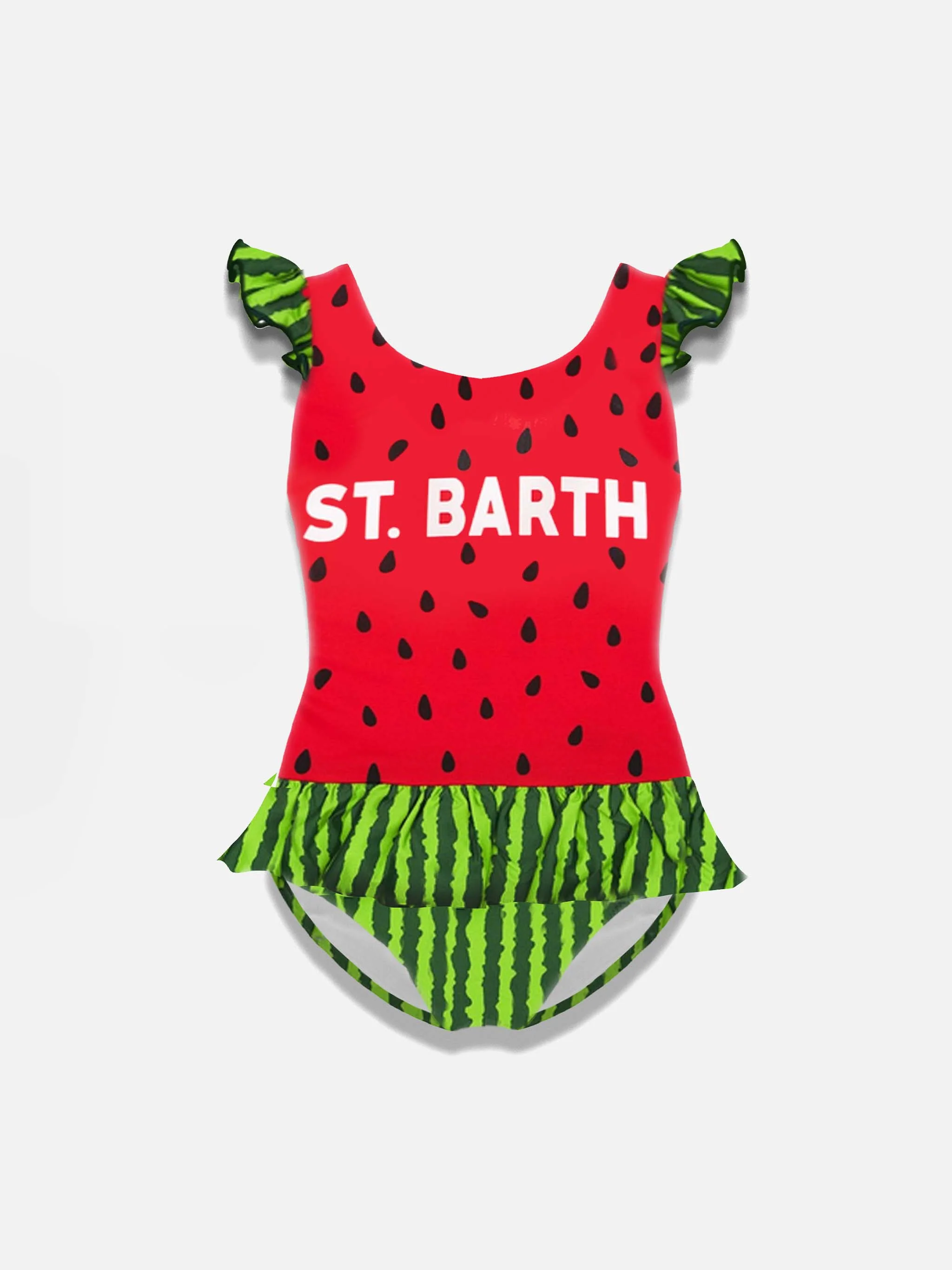 Costume intero da bambina con volant e stampa anguria