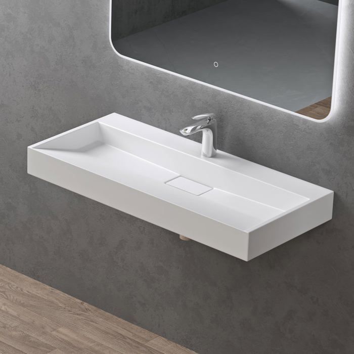 Lavabo mural Doporro con desagüe, lavabo de encimera, blanco mate, 100x46x11cm, lavabo rectangular con orificio para taladrar, Colossum19