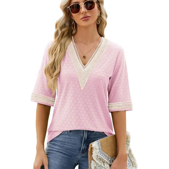 T-Shirt Femme Ete Manches Courtes Col V Avec Dentelle Casual Tee Shirt Lache Confortable Couleur Contraste - Taille EU - Rose