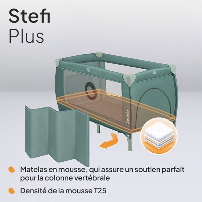 Cuna de viaje compacta 2 en 1 LIONELO Stefi Plus - Parque infantil - Colchón de espuma T25 - 0-36 meses - Plegado rápido - 2 ruedas - Verde