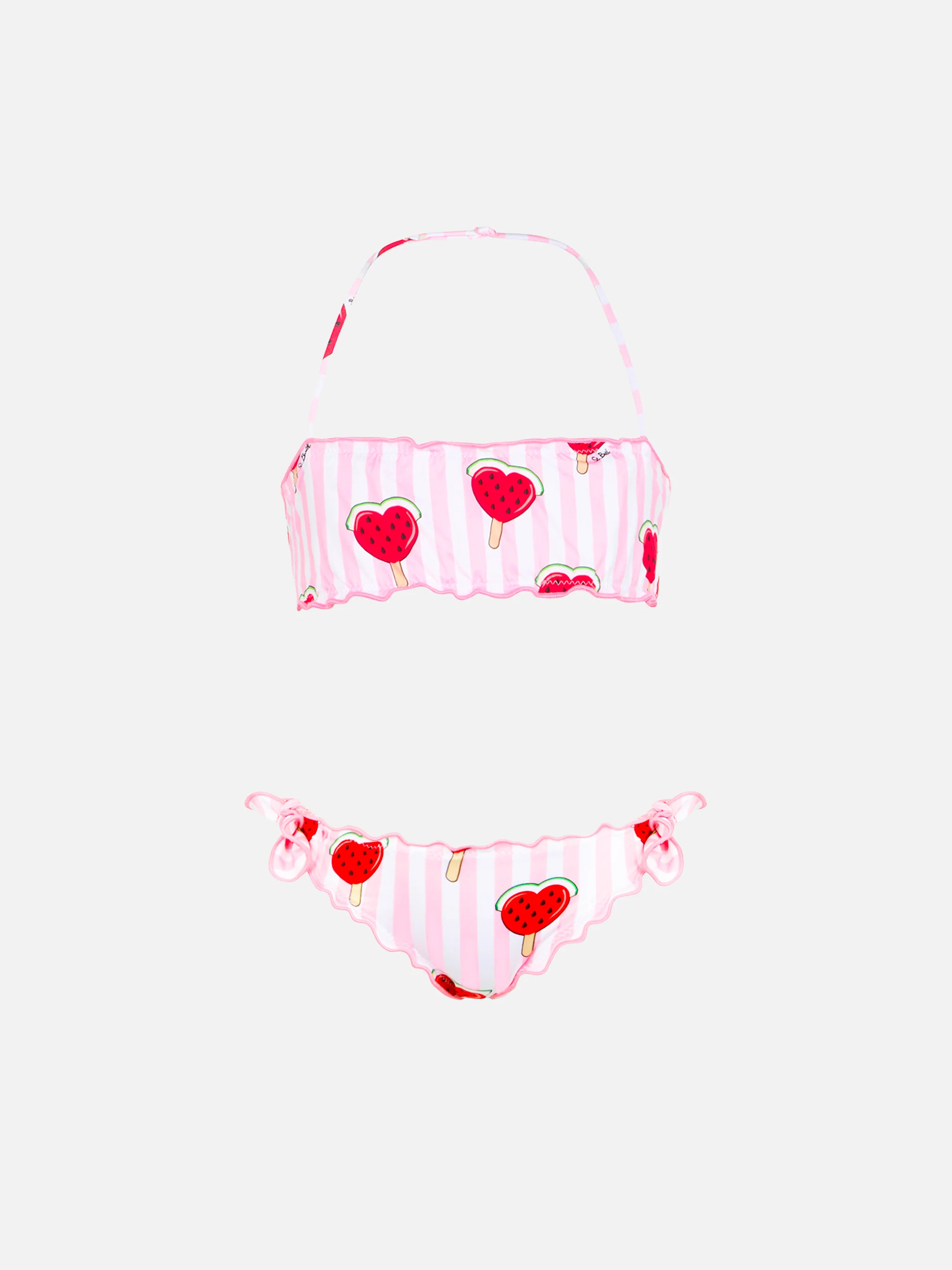 Emy klassieke bandeau bikini voor meisjes met een print van watermeloen en hartjes.