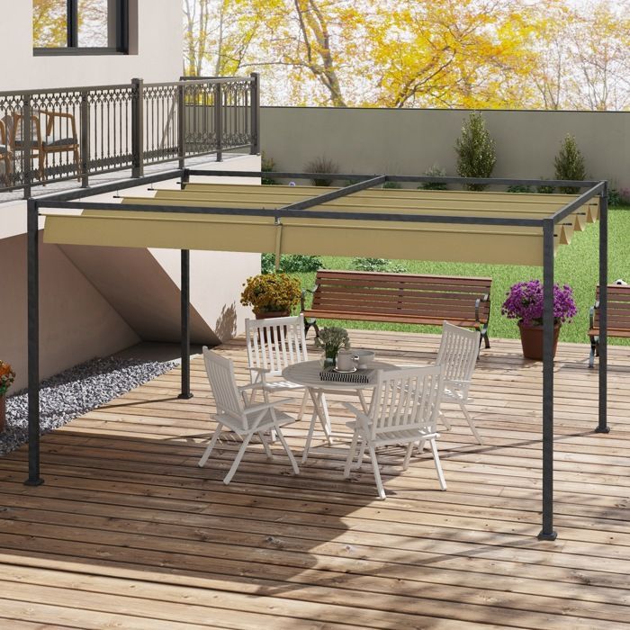 Sliding pergola - Outsunny - 3 x 2 m - anti-corrosion epoxy-coated metal frame - high-density 180 g/m² polyester fabric - khaki