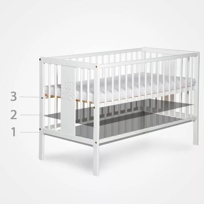 Kmbaby Baby Cot 120x60 cm Crown White - With Mattress and 3-Level Adjustable Slatted Base - Lacquered Pine Wood and MDF