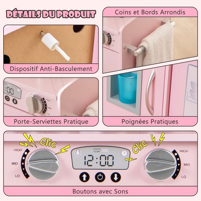 COSTWAY Cuisine Enfants 3 - 6 Ans en Bois avec Téléphone, Tableau Noir, Micro-ondes, Machine de Glaçons, 7 Accessoires Rose Clair