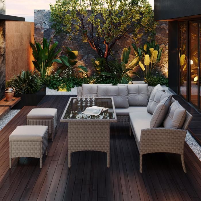 Set di mobili da giardino in rattan sintetico PE a 7 posti - 2 divani, 2 sgabelli e 1 tavolino - struttura in acciaio - grigio chiaro