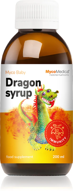 Suplemento alimentar MycoMedica MycoBaby Dragon Syrup para fortalecer a imunidade.