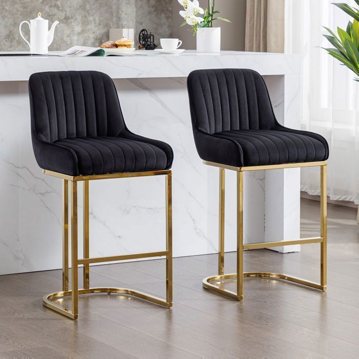 Wahson Chaise de Bar en Velours Chaise Bar Pied Doré Tabouret Bar Lot de 2, Tabouret de Bar avec Coussin Épais, Noir