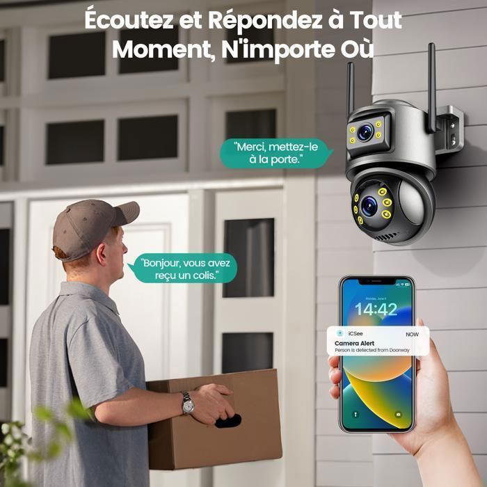 LOSEI Caméra de Surveillance Dual Lens 6MP 4K UHD 5x Zoom Vision Nocturne Détection Humaine Interphone ICSee APP WIFI BT Alexa IP66