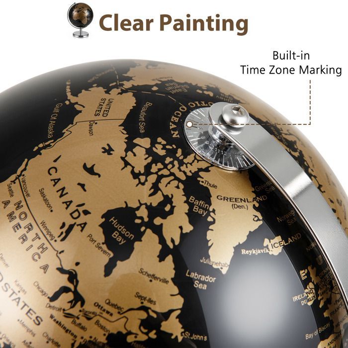 LIFEZEAL Globo antico da 20 cm con base in metallo argentato - Per studenti e adulti, decorazione, nero+oro