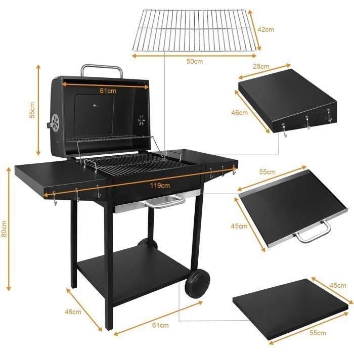 Barbecue à Charbon - SunJas - BBQ de Bois de Jardin Mobile avec 2 Etagères et Thermomètre (117 * 55 * 102CM)