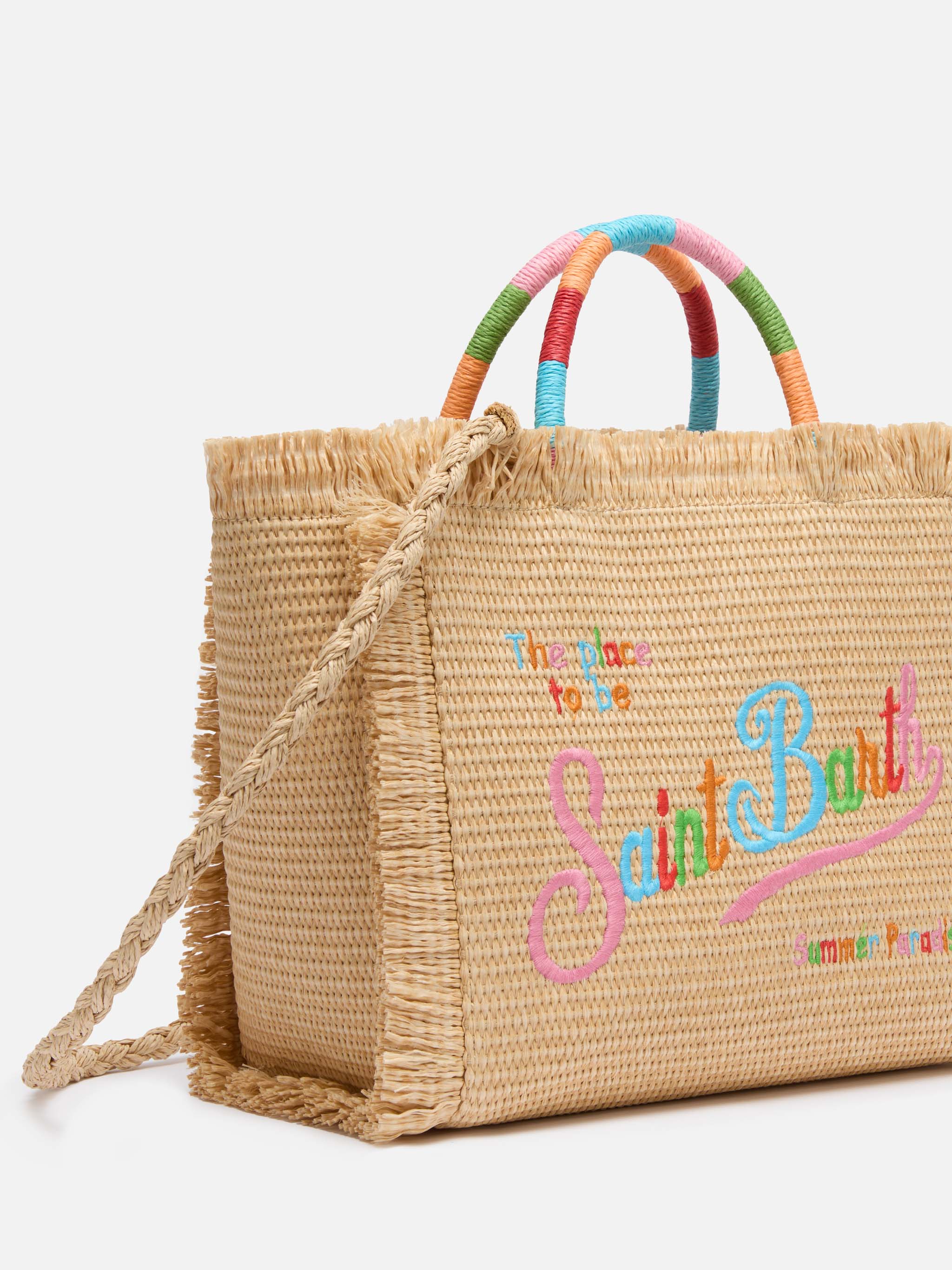 Colette tas met stro-effect en veelkleurig geborduurd logo.