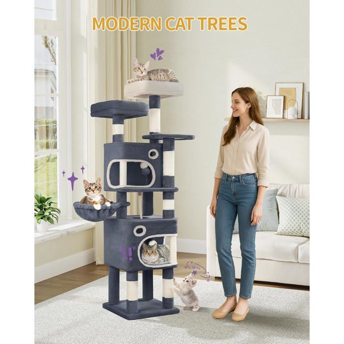 Árbol rascador para gatos, 159 cm de altura, torre de juegos con 8 postes rascadores, 3 plataformas, 2 cuevas, cesta y pompones, color gris oscuro.