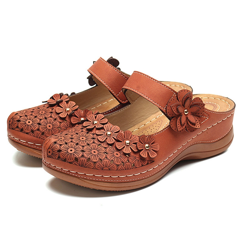 Sandales rétro fleuries pour femmes, bride arrière tendance, plates, à scratch, pointure 43.