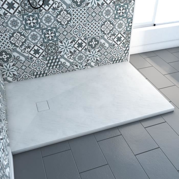 Plato de ducha de resina SMC con efecto piedra - AURLANE - Blanco - 90 x 140 cm - Pendiente de diamante - 40 mm de espesor