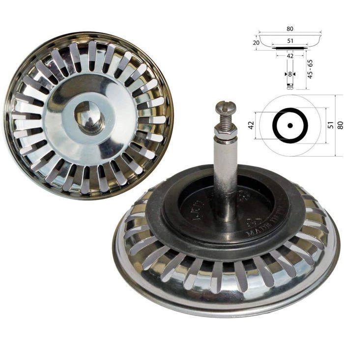 peça de ralo universal com cesto, Ø80 mm em aço inoxidável, para pia com controle excêntrico, compatível com Blanco Franke Villeroy &