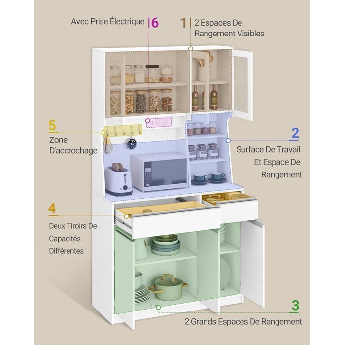 Armoires Cuisine,Buffet,Haut Vaisselier avec Prises Électriques LED,avec Plans de Travail et Deux Tiroirs,Étagères Réglables,Blanc