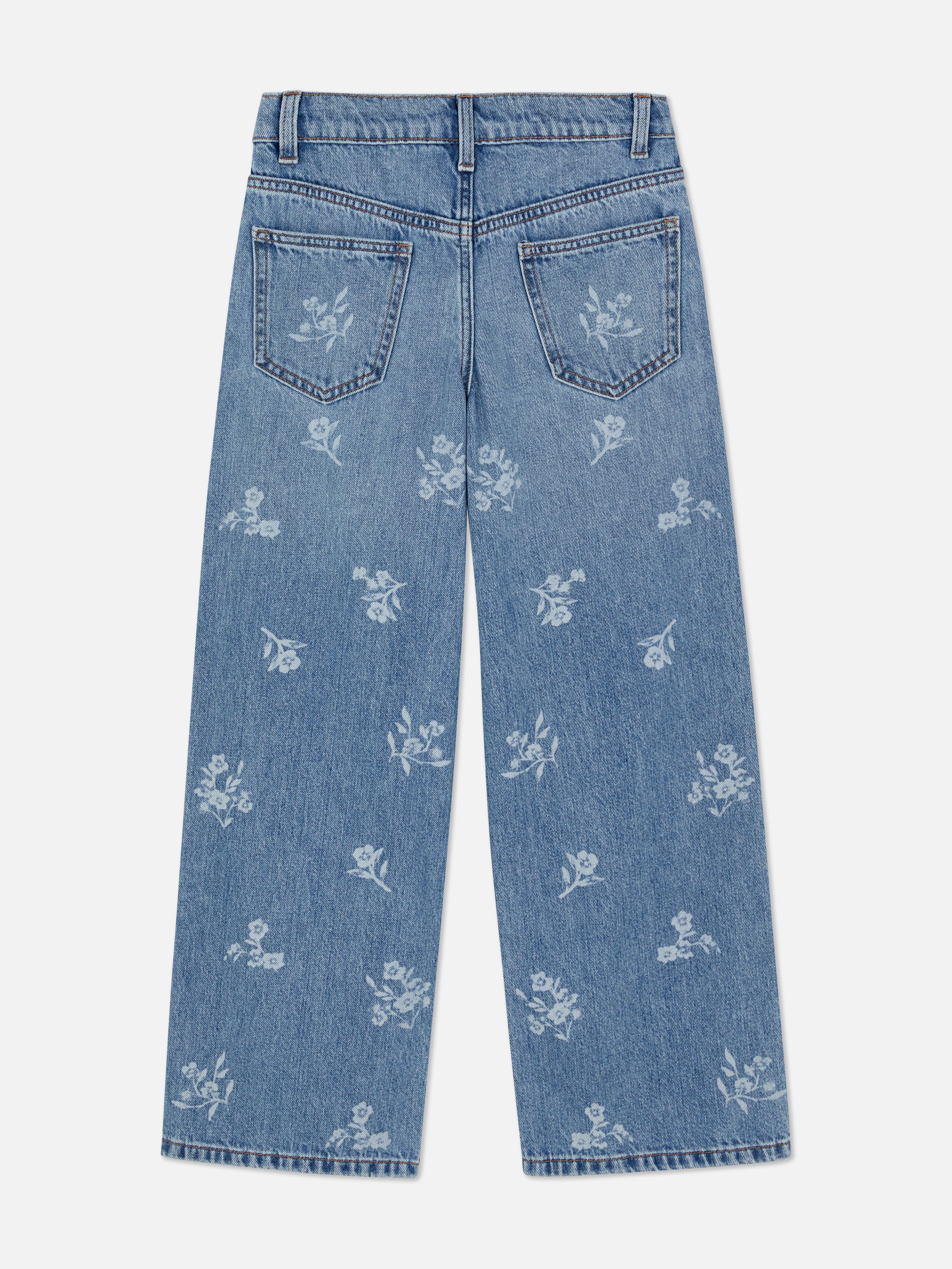Blugi cu model floral, cu picior lat Blugi cu model floral integral, buzunare și picior lat