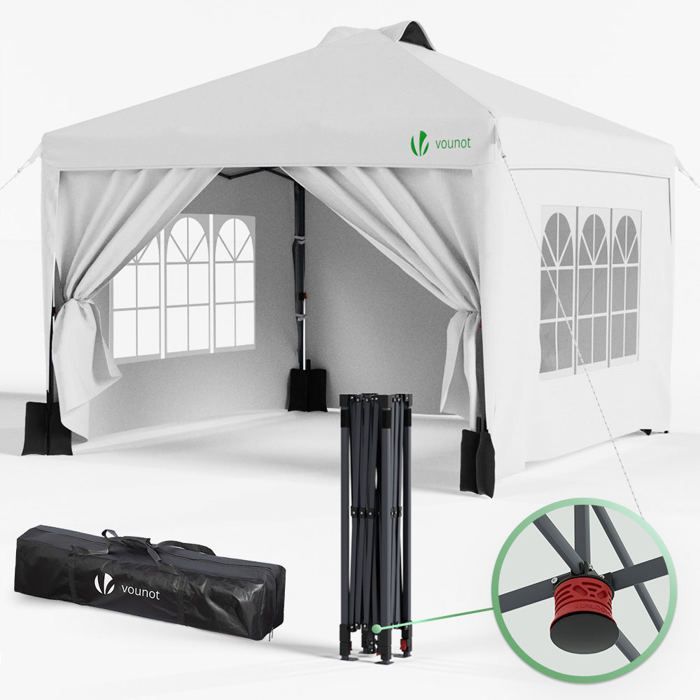 Cenador de jardín plegable VOUNOT® de 3x3 m con puertas y ventanas - Impermeable y resistente a los rayos UV - Blanco