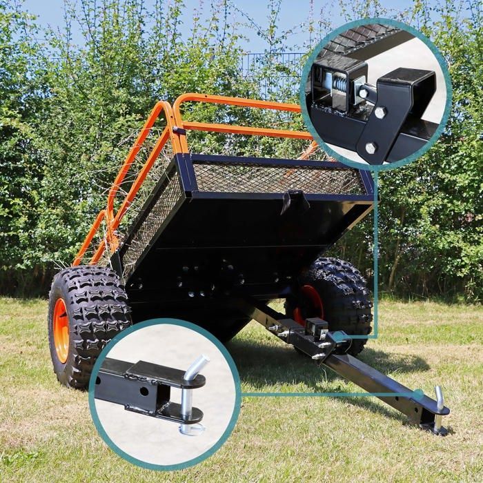 Remolque basculante Wiltec – 2159 x 1219 x 762 mm – Capacidad de 680 kg – Con rejilla y laterales desmontables – Para cortacésped autopropulsado/ATV