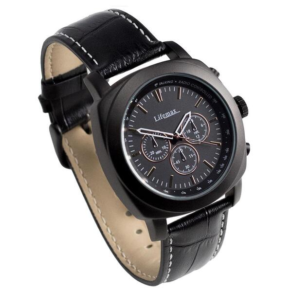 Reloj atómico parlante Lifemax, negro, correa de cuero.