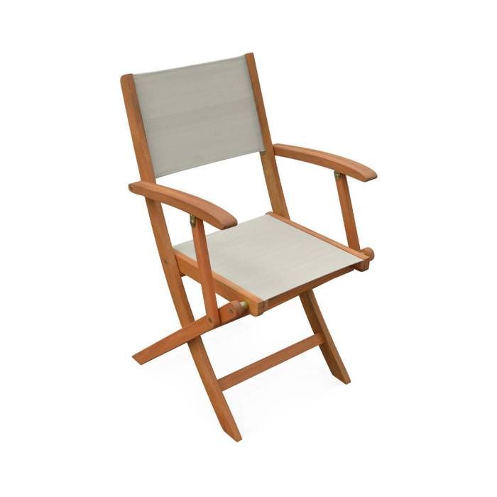 Sillones de jardín en madera y textilene - Almería Gris Topo - 2 sillones plegables en madera de eucalipto aceitada y textilene