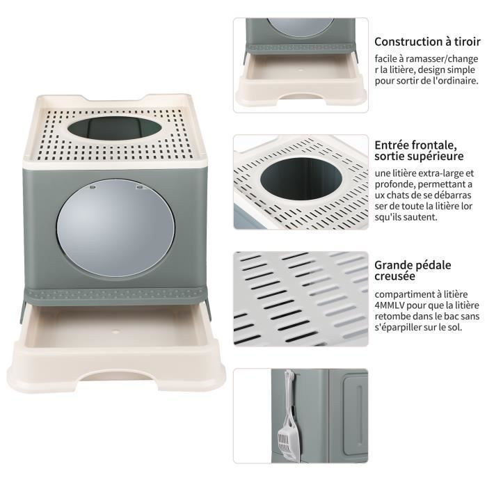 Willonin® Folding Cat Litter Box, Grey, Semi-enclosed litter box with drawer and scoop, Two doors, 45x34x39cm