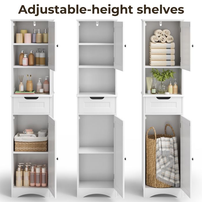 Bealife Meuble Colonne de Salle de Bain avec 1 Tiroir, 1 Étagère Ouvertes, 1 Étagère Réglable et 2 Portes, Hauteur 170cm, Blanc