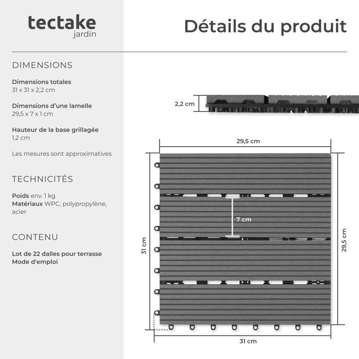 Πλακάκια βεράντας - TECTAKE - Σετ πλακιδίων TEGULAS σε WPC, πρακτικό κλικ, αντιολισθητικό, 31 x 31 x 2,2 cm - γκρι