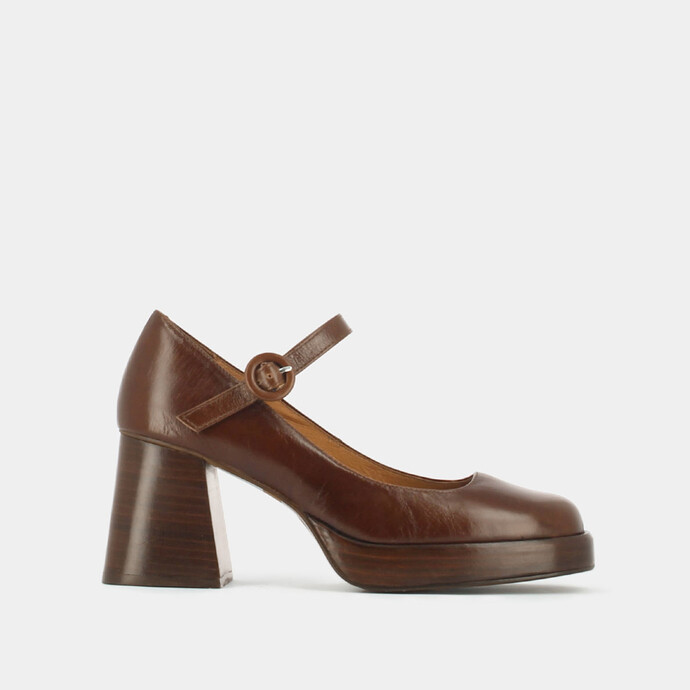 Babies à talon et plateforme  en cuir vieilli marron