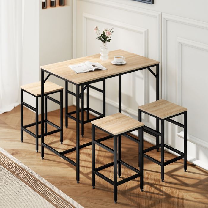 Conjunto de mesa de bar - HOMCOM - estilo industrial + 4 taburetes de roble claro - metal y madera - negro