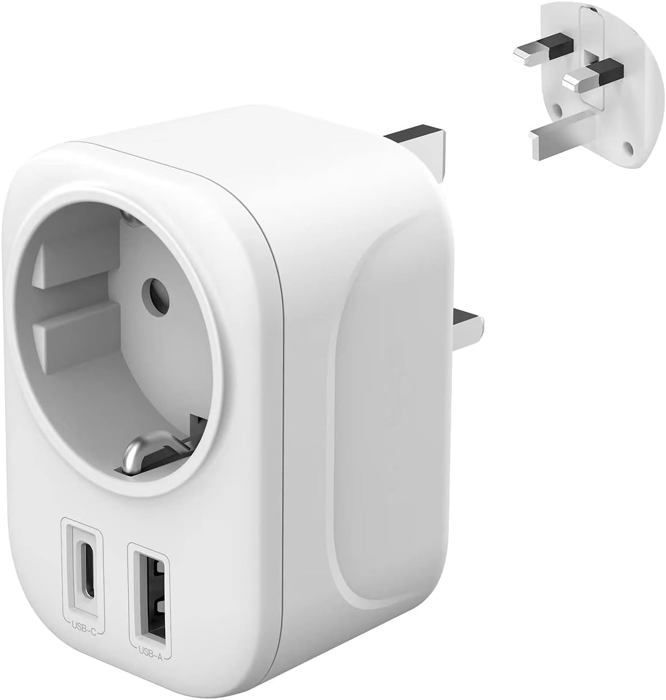 Adattatore da viaggio da Regno Unito a Francia con USB A e C 2.4A, da spina europea francese a 2 pin a spina britannica a 3 pin