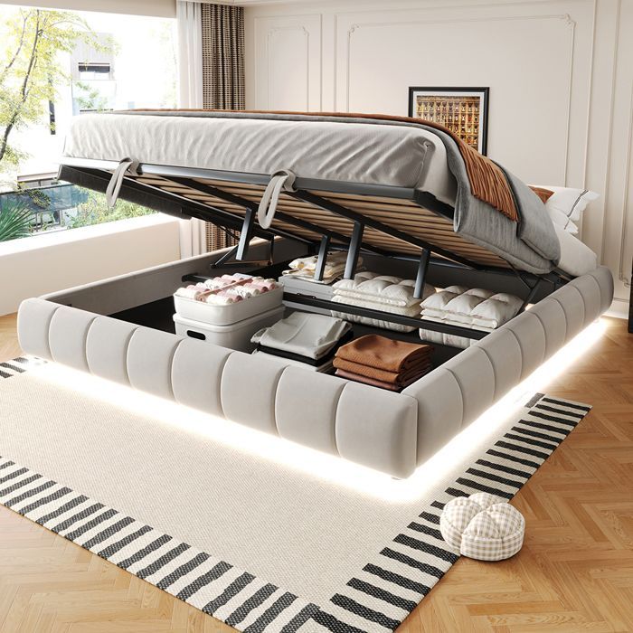 Lit coffre adulte 180 x 200 cm - sans tête de lit - avec LED et espace de rangement - Sommier inclus - Velours beige