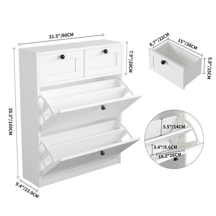 Meuble à Chaussures - VOWNER -Meuble d'entrée Rangement pour Chaussures, Commode à Chaussures , 80 x 100 x 24 cm - Blanc