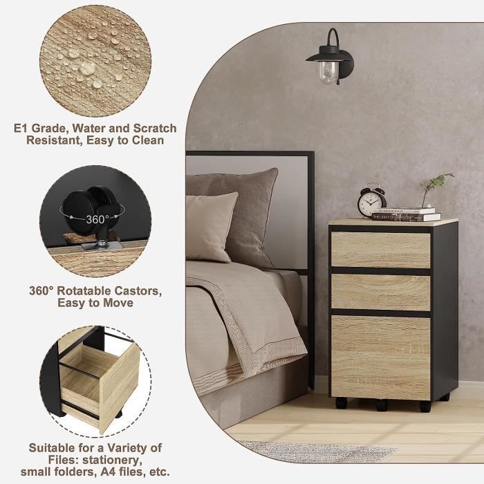 Cajonera móvil WOLTU, mueble de oficina con 3 cajones, 40x40x70cm, roble claro y negro, W0ATT0032