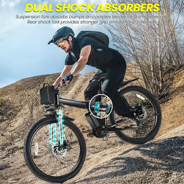 Gocio 26 inch elektrische fiets voor volwassenen, 500W opvouwbare elektrische mountainbike met een maximale actieradius van 80 km, volledige vering, 48V opvouwbare e-bike met verwijderbare 374,4Wh lithium-ion accu, elektrische stadsfiets