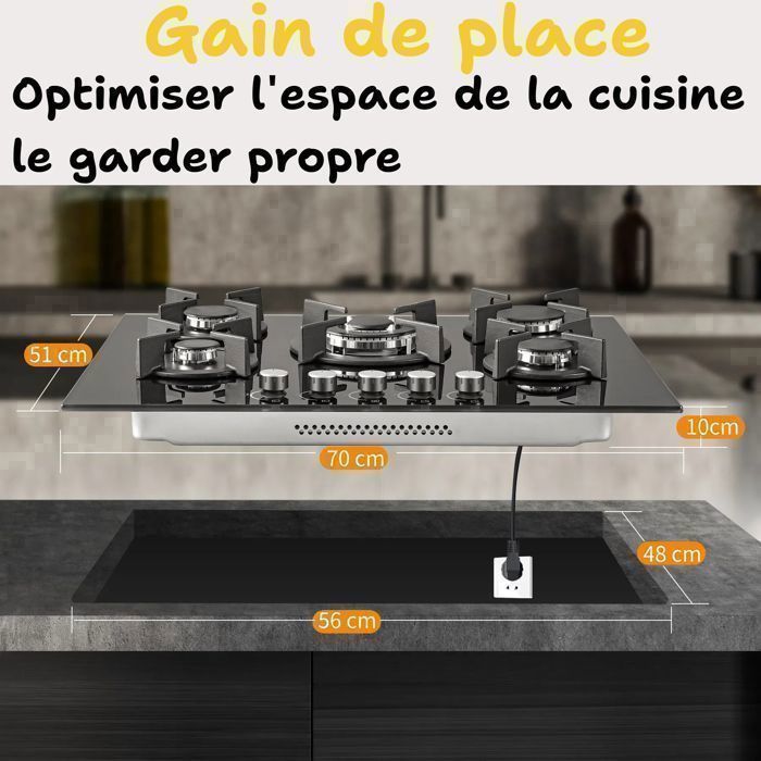 Gas hob - 70 cm wide - 10400 W - 5 burners - Tempered glass - Thermocouple safety - Gas hob