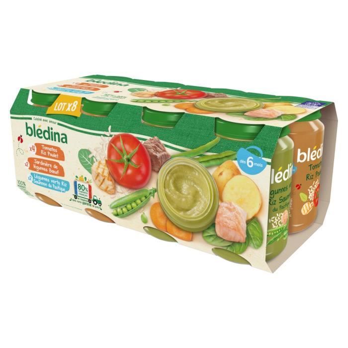 BLEDINA Babygläschen – Ab 6 Monaten – Tomatenreis mit Huhn, Gemüse mit Rindfleisch, Gemüse mit Lachs – 8 Gläschen à 200 g