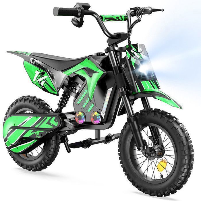 Moto électrique pour enfants A14 Vert, 500W, 3 Vitesses 8-27KM/H, Pneus 14’’ tout-terrain, Autonomie 22 km, Bluetooth, Amortisseurs