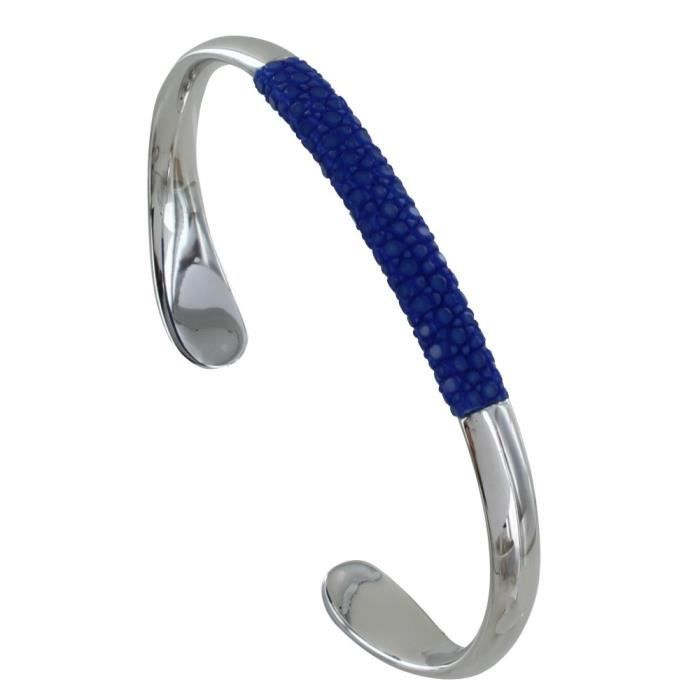 Les Poulettes Bijoux - Unisex Half-Bangle Bracelet in Rhodium-Plated Brass and Shagreen Colors - Azure
