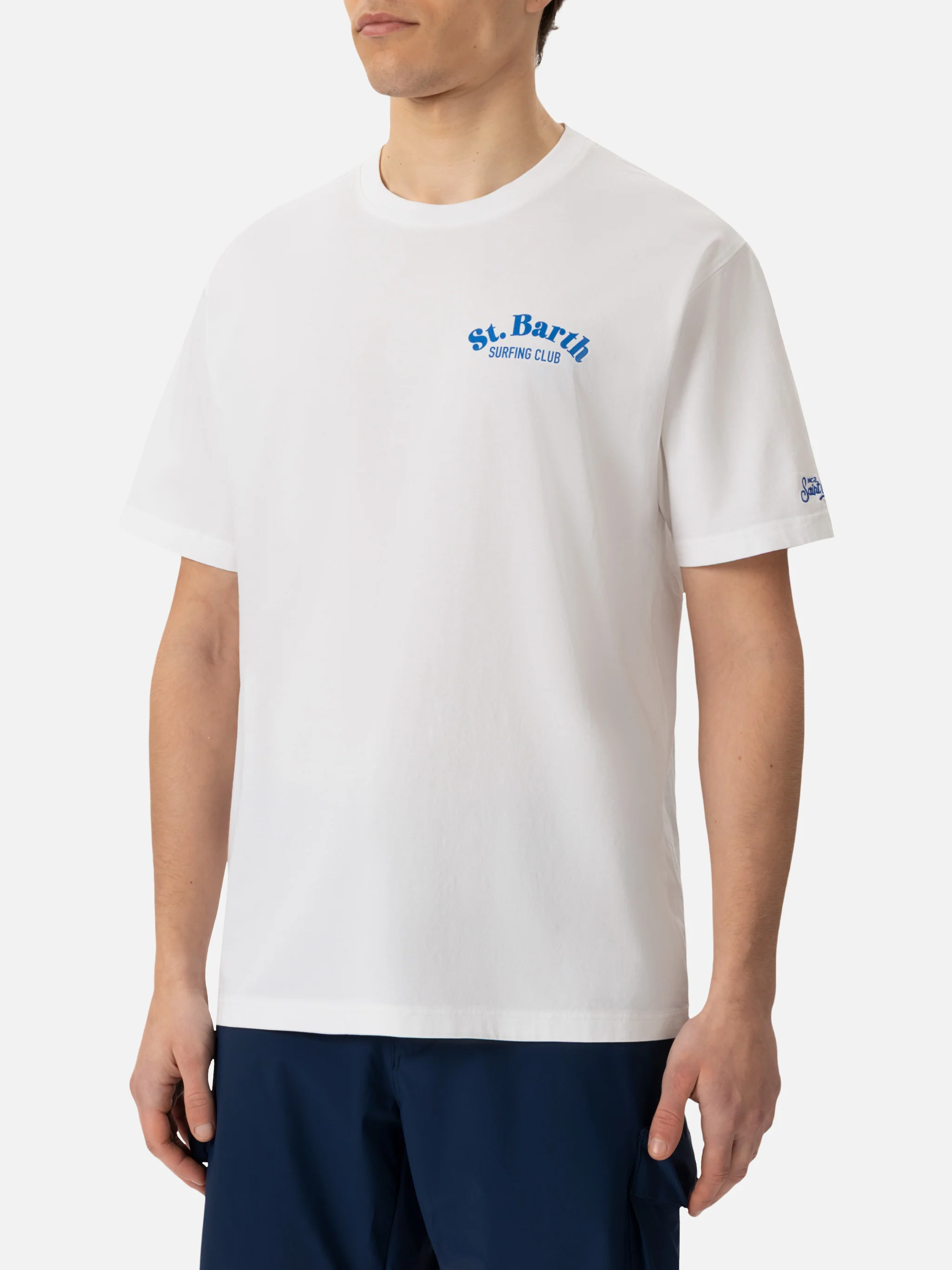 Heren T-shirt van gebroken wit katoen met St. Barth Hunting Wave-print.