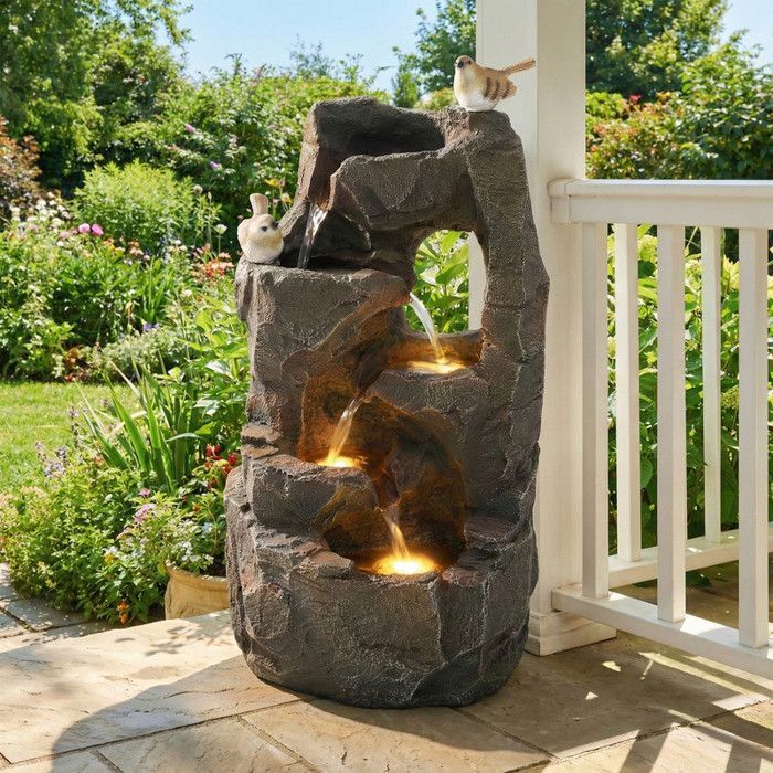 Fuente LED para exteriores - 47 cm - Gris piedra - Iluminación LED amarilla cálida - Sonido de agua suave 55 dB