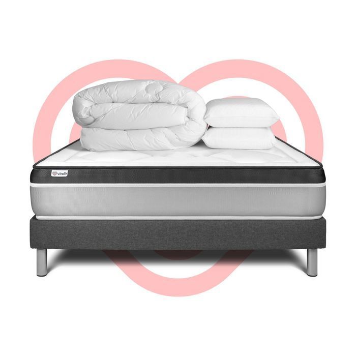 Pack lit complet 180x200 cm - Matelas + Sommier Gris (en kit) + 2 oreillers + Couette - Vital Ergo Gris