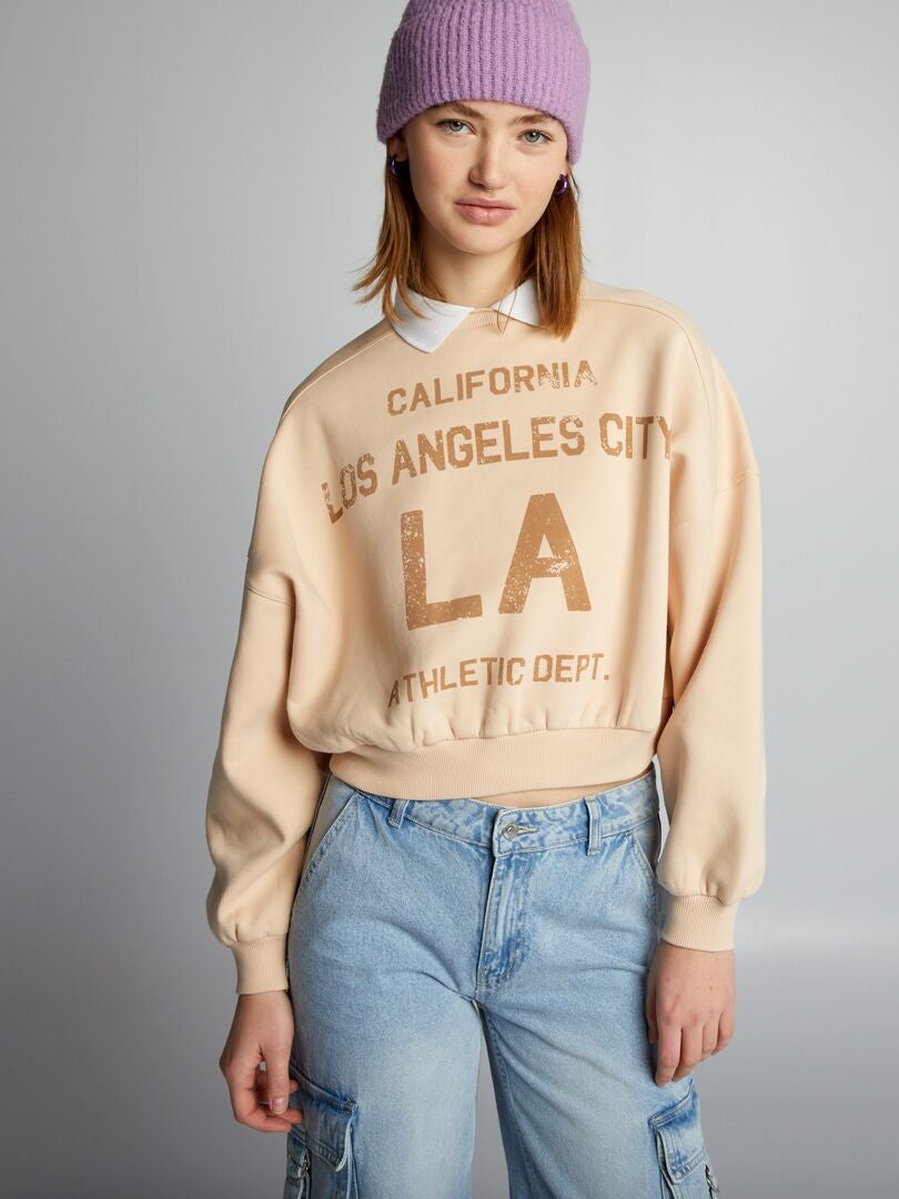 Sudadera corta con cuello de camisa - BEIGE