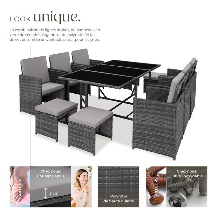Salon de jardin - TECTAKE - Ensemble repas d'extérieur MALAGA 10 personnes pliable encastrable en rotin avec housse - Gris