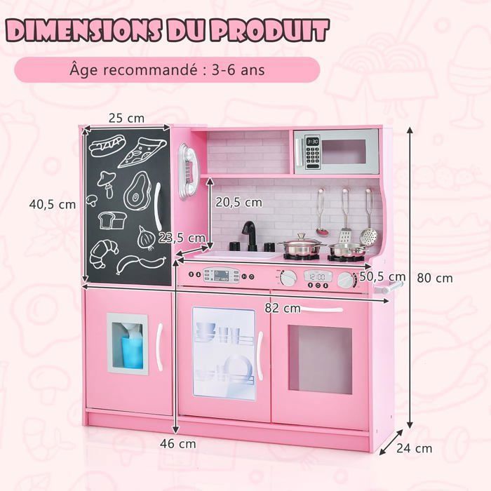 Cocina de madera infantil COSTWAY para niños de 3 a 6 años con teléfono, pizarra, microondas, máquina de hielo y 7 accesorios - Rosa