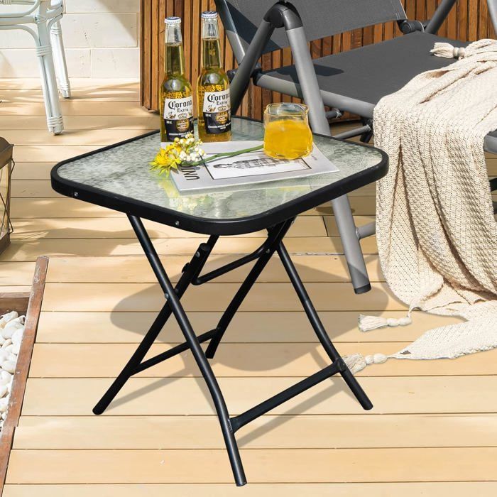 COSTWAY Folding Bistro Garden Table 46.5x46.5x42 cm in Glass and Steel for Indoor Outdoor Patio Balcony Load 25kg Black