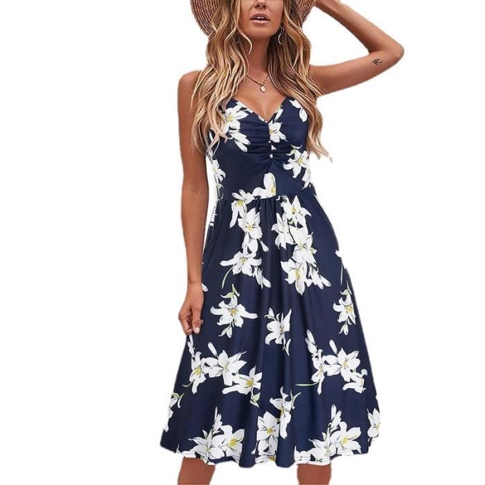 Robe Femme Ete Robe Chic et Elegant Mi Longue Portefeuille Robe de Soiree Casual avec Poches Motif Floral